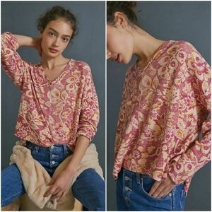 Anthropologie New Pilcro Moira Pink Floral Thermal Knit Oversized Top Size Small